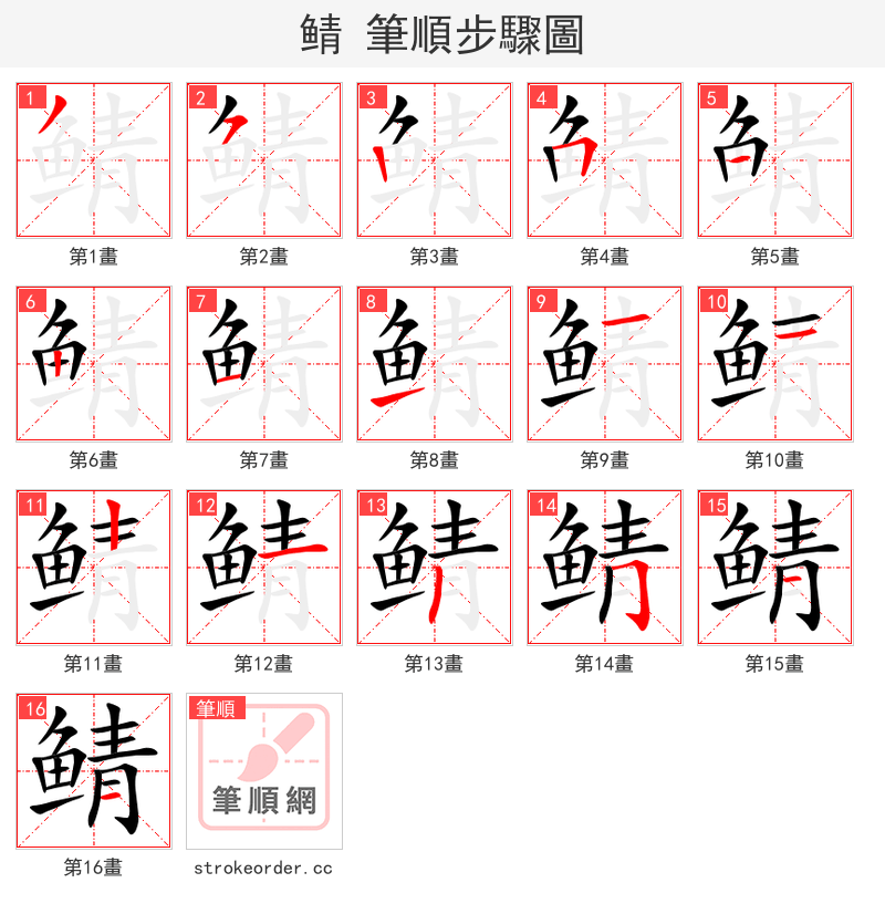 鲭 的笔顺分步演示（一笔一画写字）