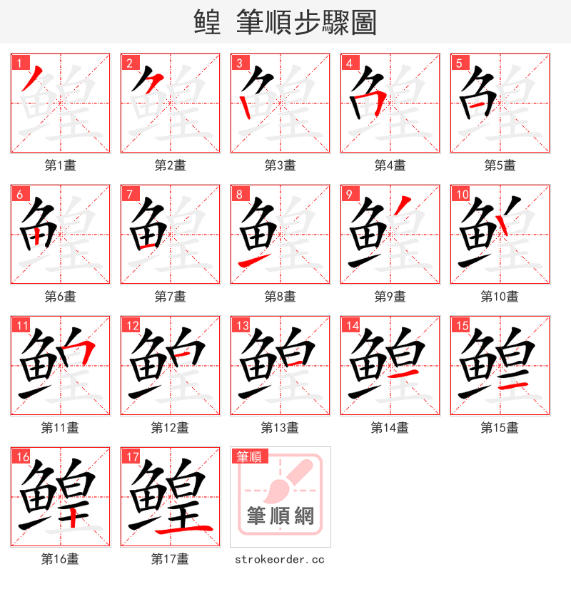 鳇 的笔顺分步演示（一笔一画写字）