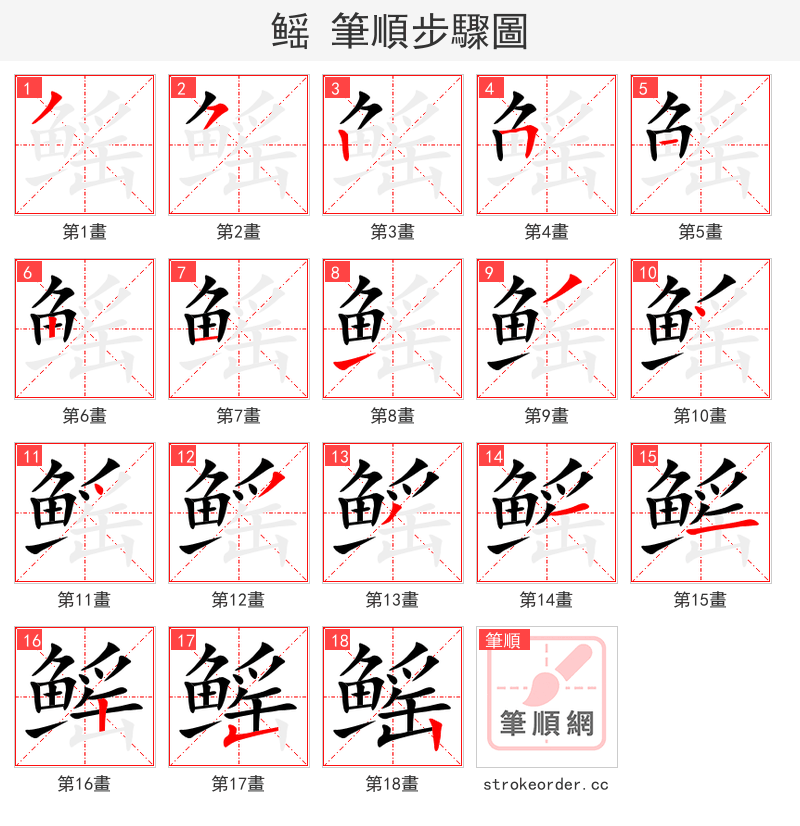 鳐 的笔顺分步演示（一笔一画写字）