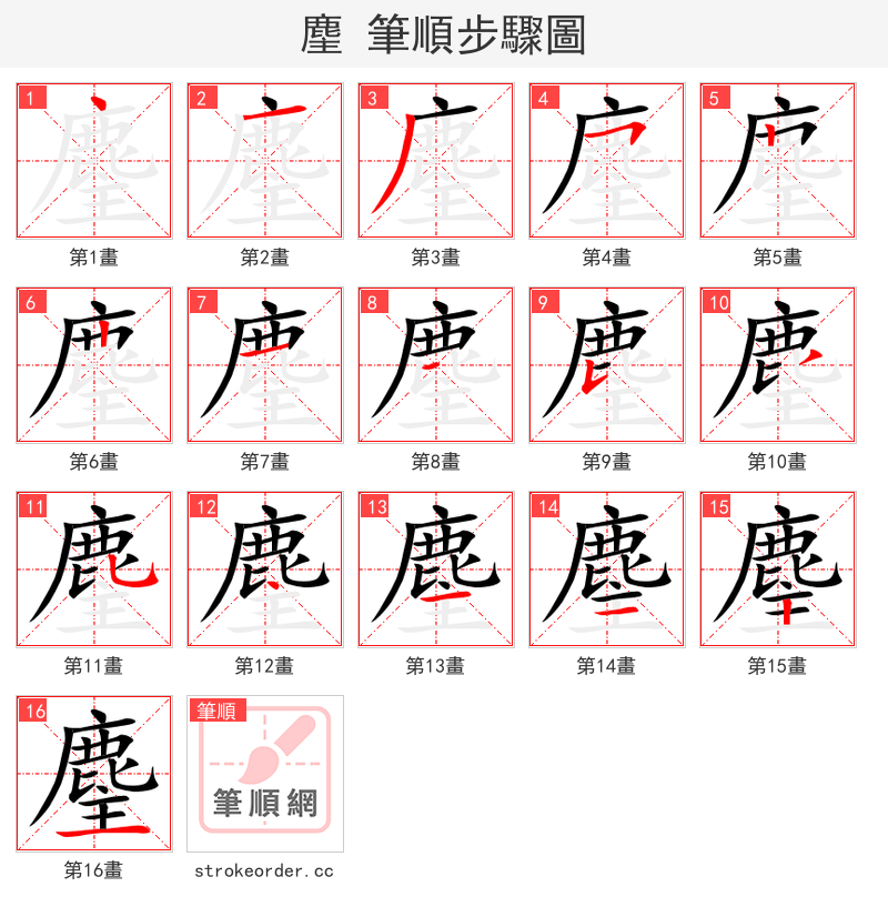 麈 的笔顺分步演示（一笔一画写字）