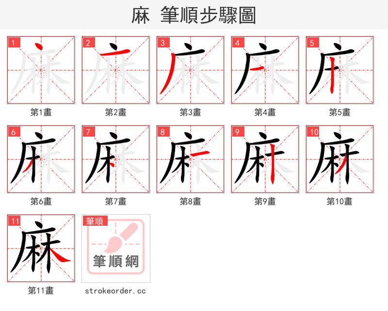 stroke order steps of 麻