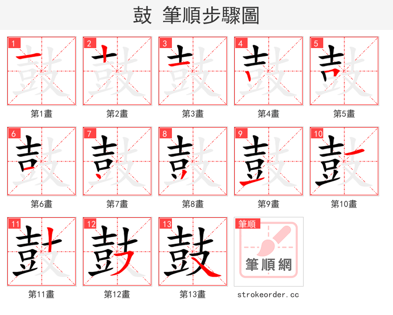 鼓 的笔顺分步演示（一笔一画写字）
