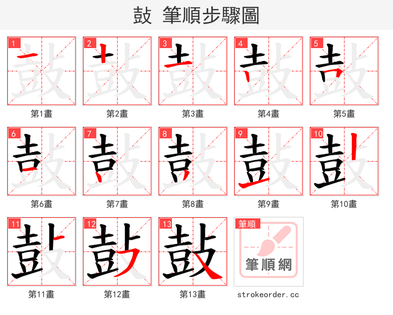 鼔 的笔顺分步演示（一笔一画写字）
