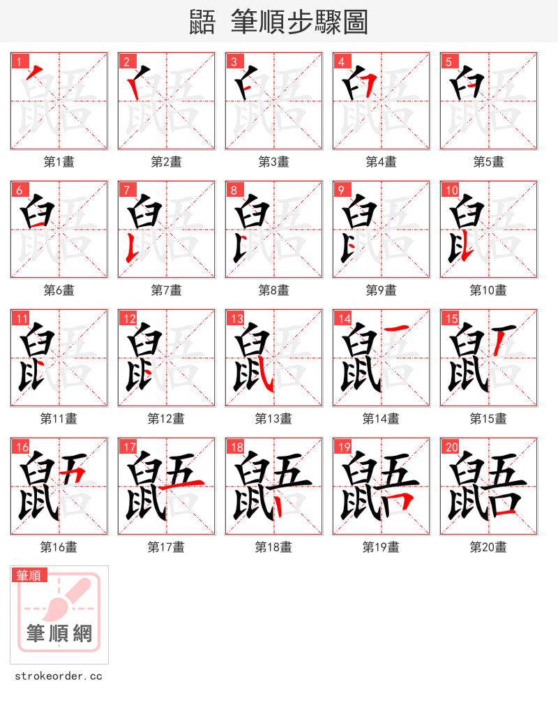 鼯 的笔顺分步演示（一笔一画写字）